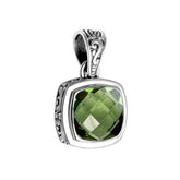 Retail Green Amethyst Quartz sterling silver pendant with cushion cut and Balinese handcrafted details.